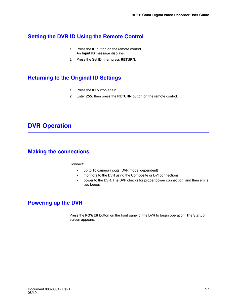 Setting the dvr id using the remote control, Returning to the original id settings, Dvr operation | Making the connections, Powering up the dvr, Making the connections powering up the dvr | Honeywell HREP4 User Manual | Page 27 / 104