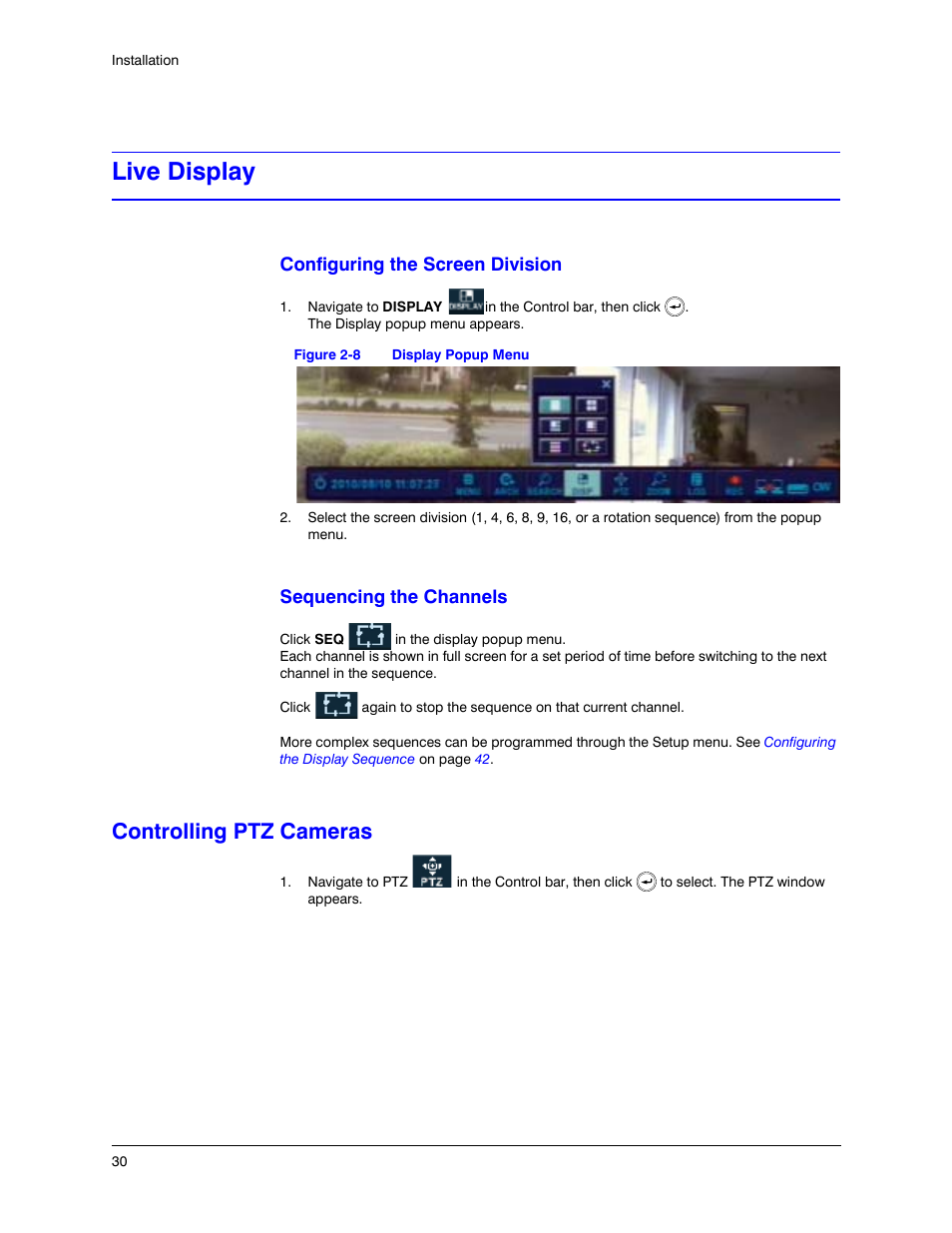 Live display, Controlling ptz cameras, Figure 2-8 | Display popup menu | Honeywell HREP4 User Manual | Page 30 / 104