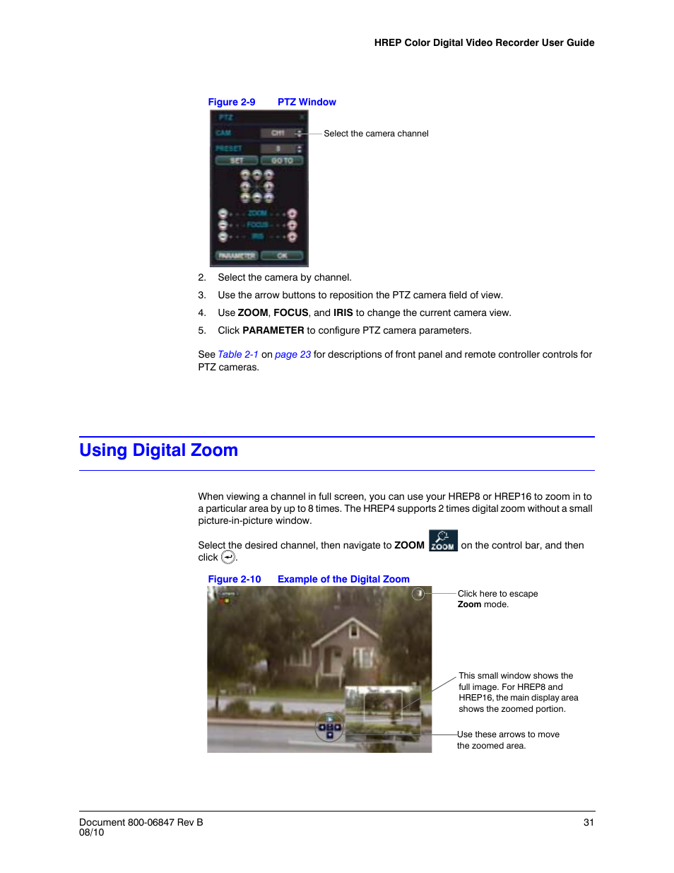 Using digital zoom, Figure 2-9, Ptz window | Figure 2-10, Example of the digital zoom | Honeywell HREP4 User Manual | Page 31 / 104