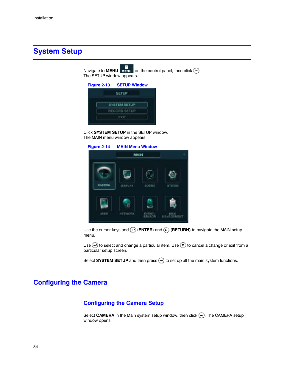 System setup, Configuring the camera, Figure 2-13 | Setup window, Figure 2-14, Main menu window | Honeywell HREP4 User Manual | Page 34 / 104