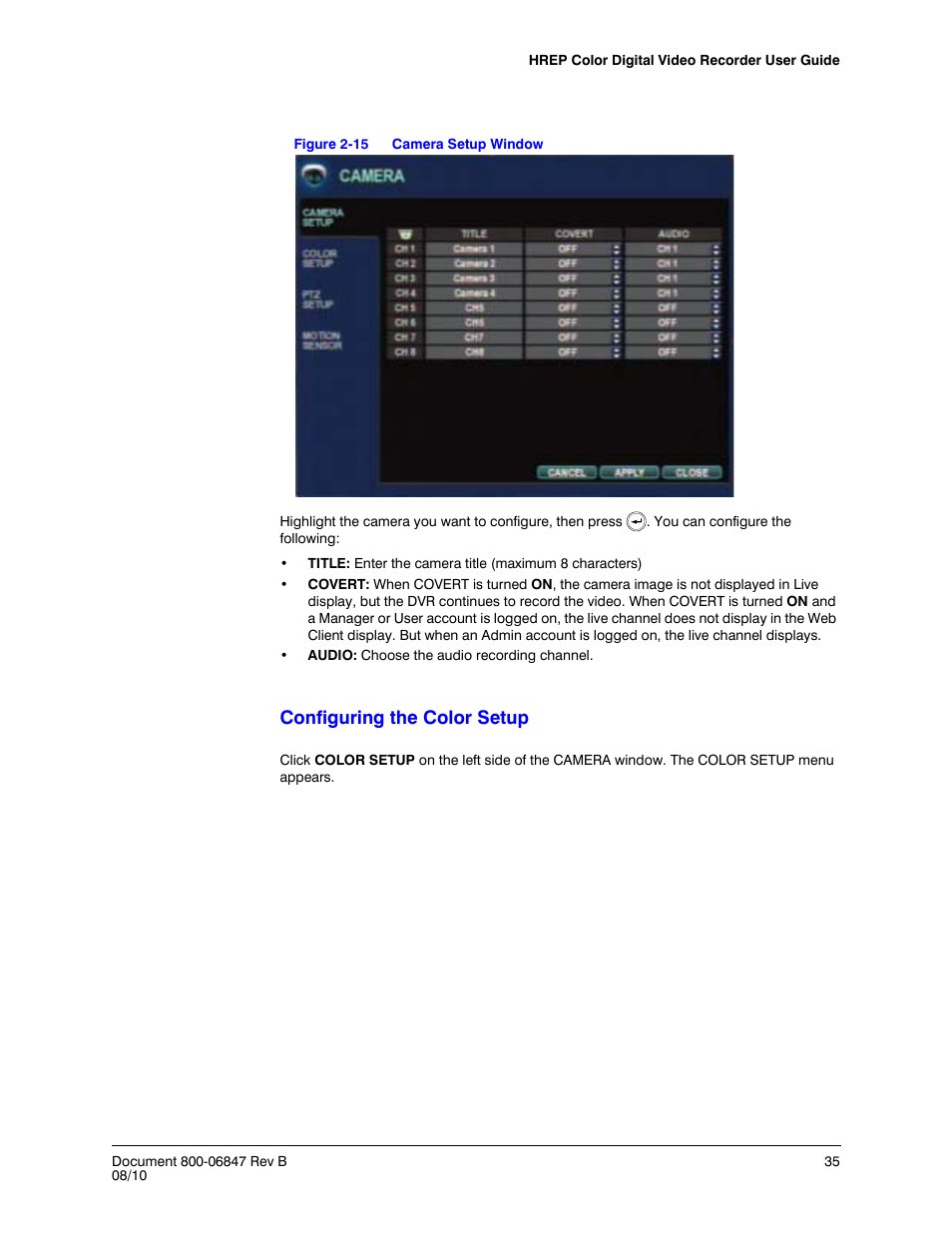 Figure 2-15, Camera setup window, Configuring the color setup | Honeywell HREP4 User Manual | Page 35 / 104