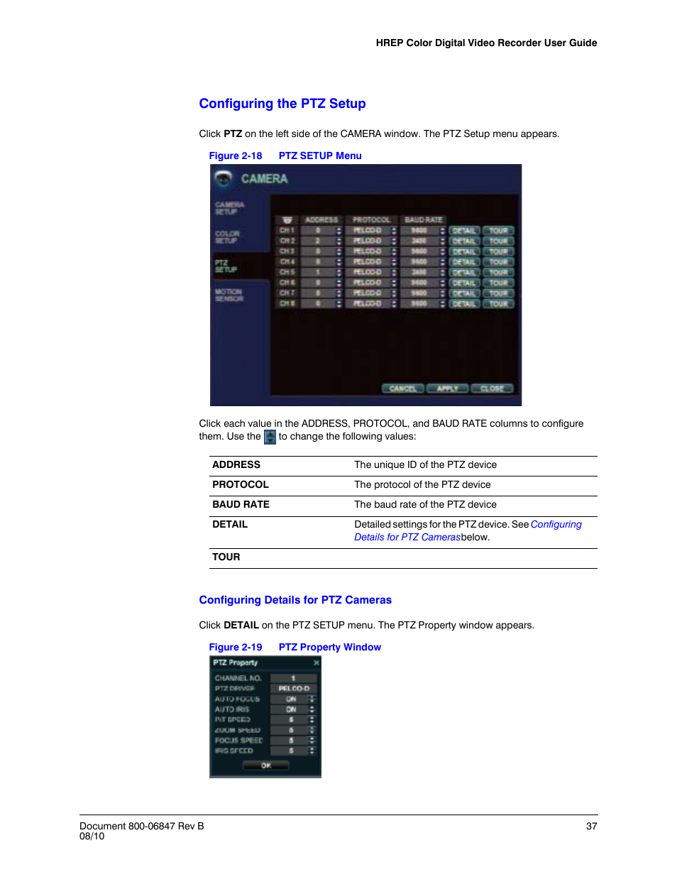 Configuring the, Ptz setup, Figure 2-18 | Ptz setup menu, Figure 2-19, Ptz property window, Configuring the ptz setup | Honeywell HREP4 User Manual | Page 37 / 104