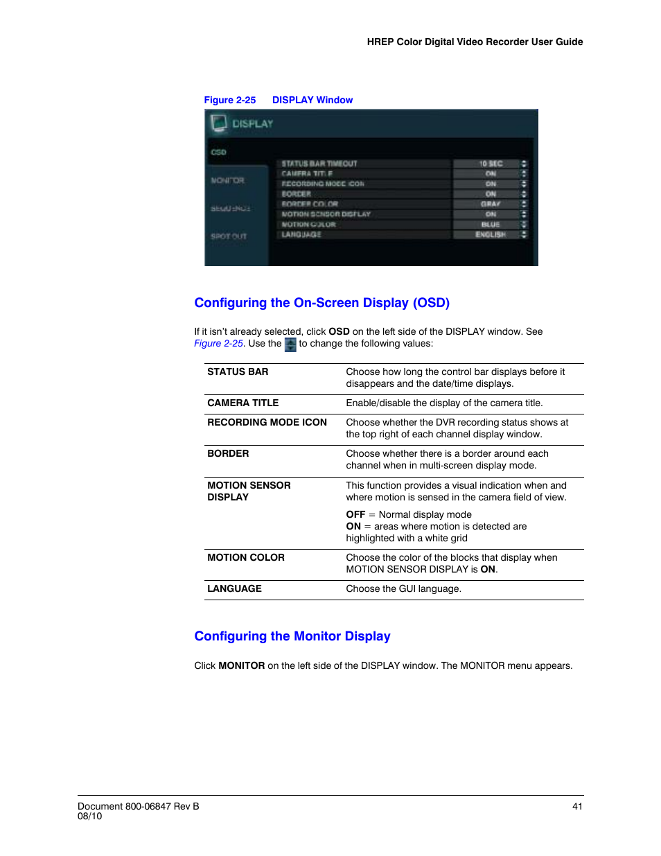 Figure 2-25, Display window, Configuring the on-screen display (osd) | Configuring the monitor display | Honeywell HREP4 User Manual | Page 41 / 104