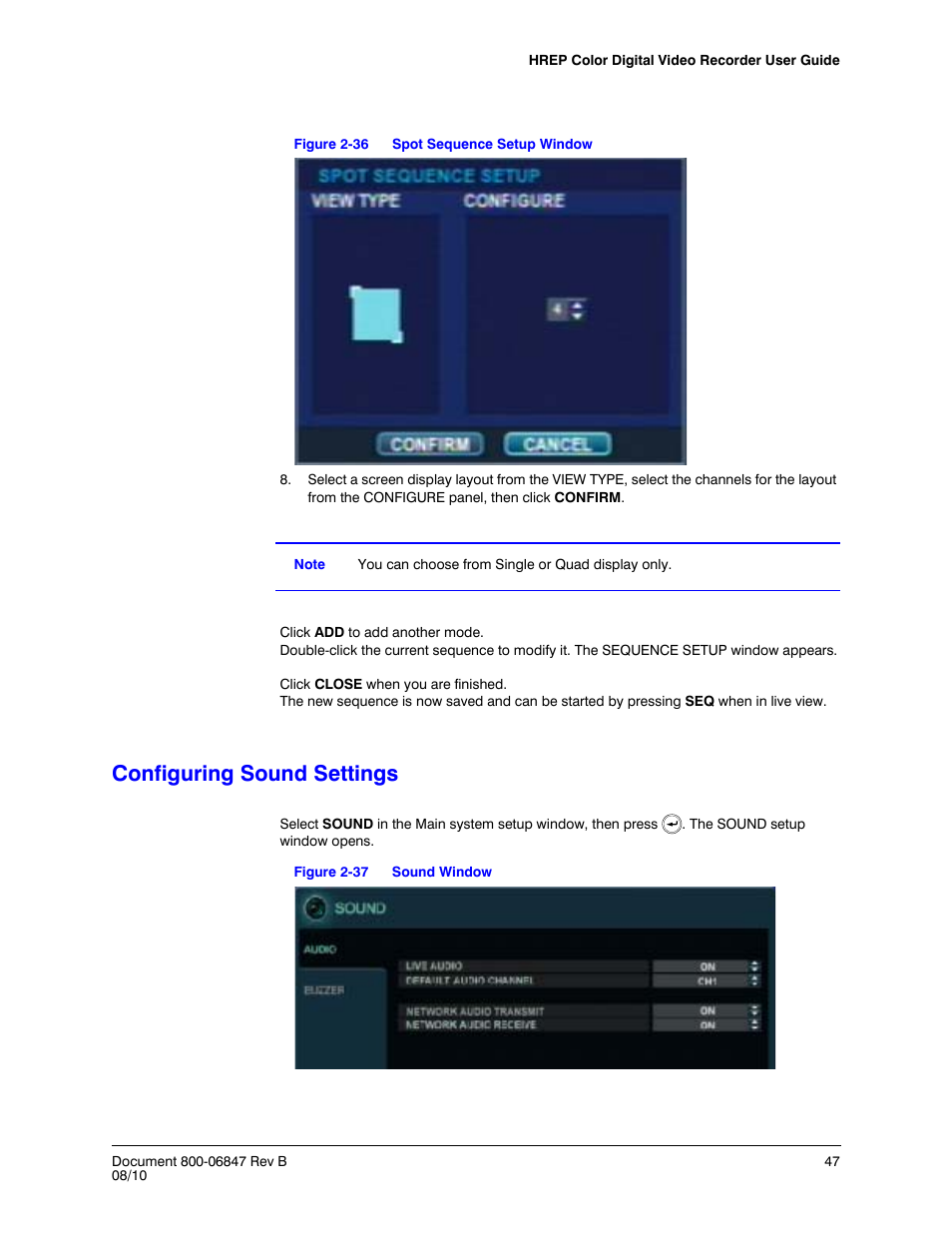 Configuring sound settings, Figure 2-36, Spot sequence setup window | Figure 2-37, Sound window | Honeywell HREP4 User Manual | Page 47 / 104