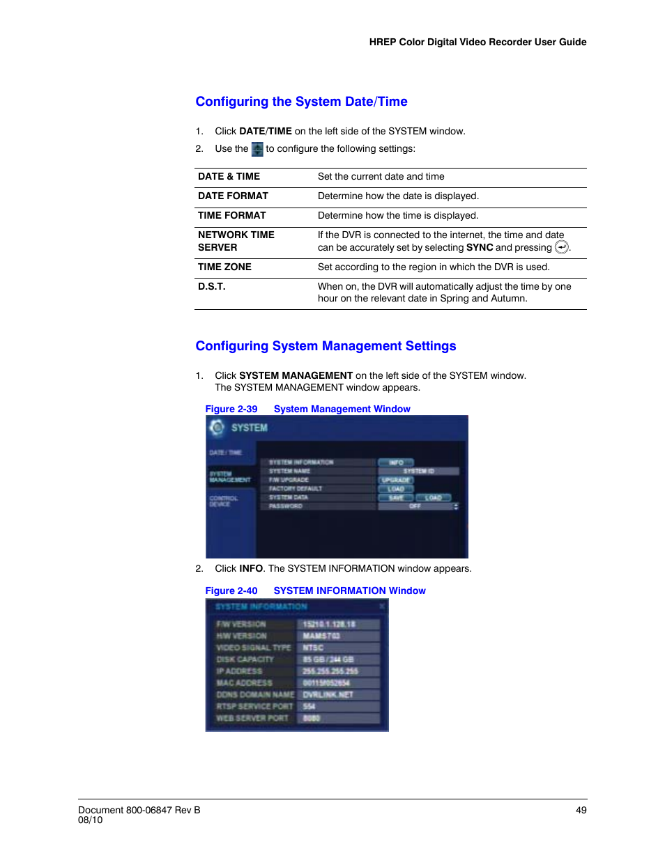 Figure 2-39, System management window, Figure 2-40 | System information window, Configuring the system date/time, Configuring system management settings | Honeywell HREP4 User Manual | Page 49 / 104