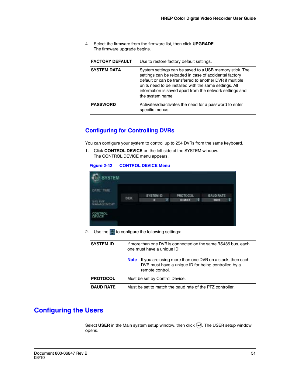 Configuring the users, Figure 2-42, Control device menu | Configuring for controlling dvrs | Honeywell HREP4 User Manual | Page 51 / 104