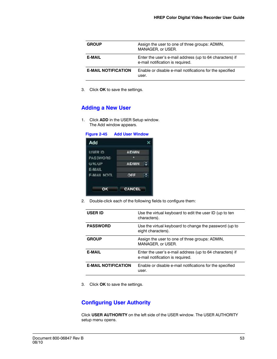 Figure 2-45, Add user window, Adding a new user | Configuring user authority | Honeywell HREP4 User Manual | Page 53 / 104