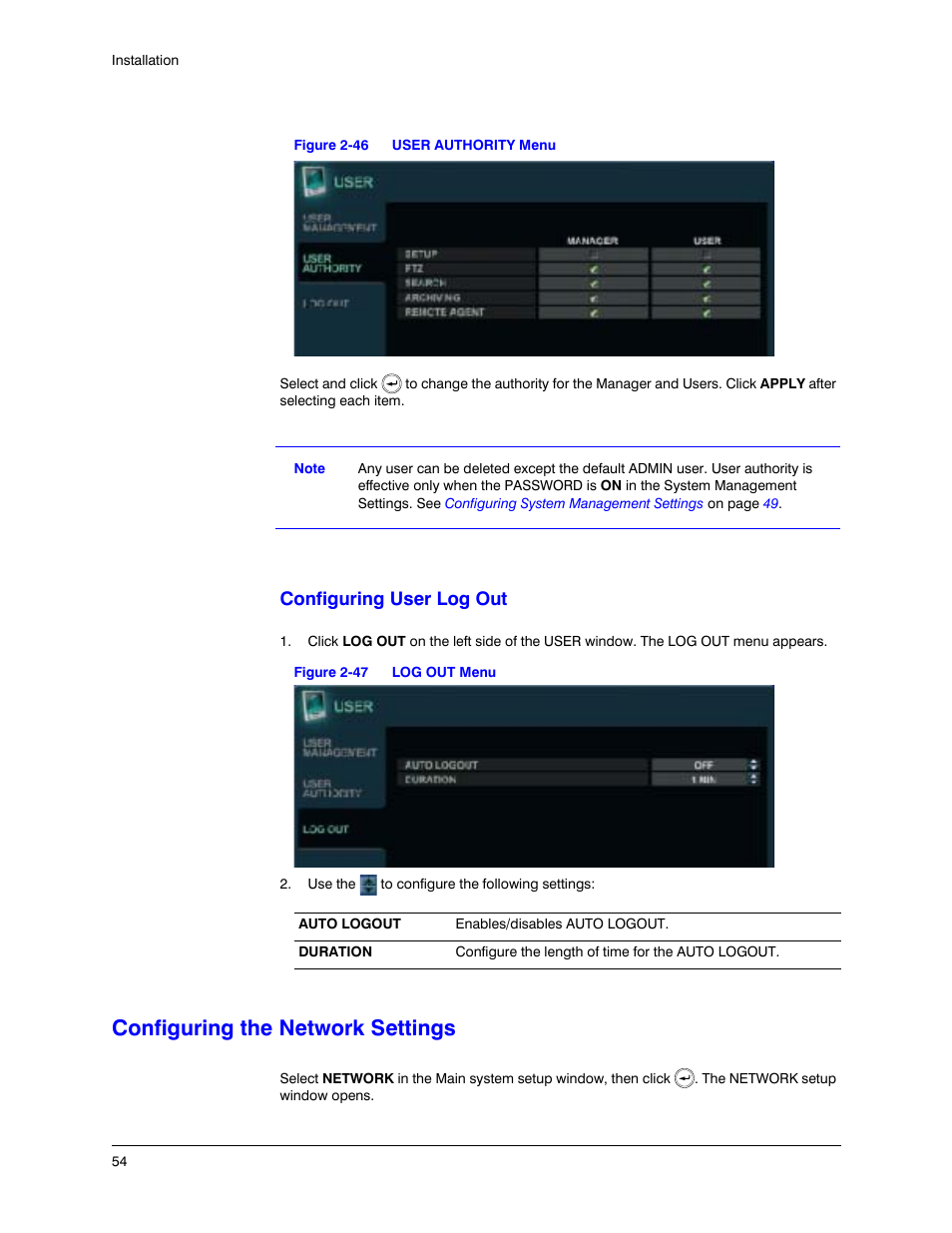 Configuring the network settings, Figure 2-46, User authority menu | Figure 2-47, Log out menu, Configuring user log out | Honeywell HREP4 User Manual | Page 54 / 104
