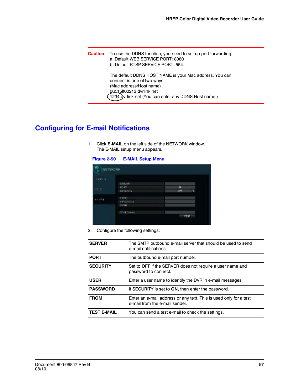 Configuring for e-mail notifications, Figure 2-50, E-mail setup menu | Honeywell HREP4 User Manual | Page 57 / 104