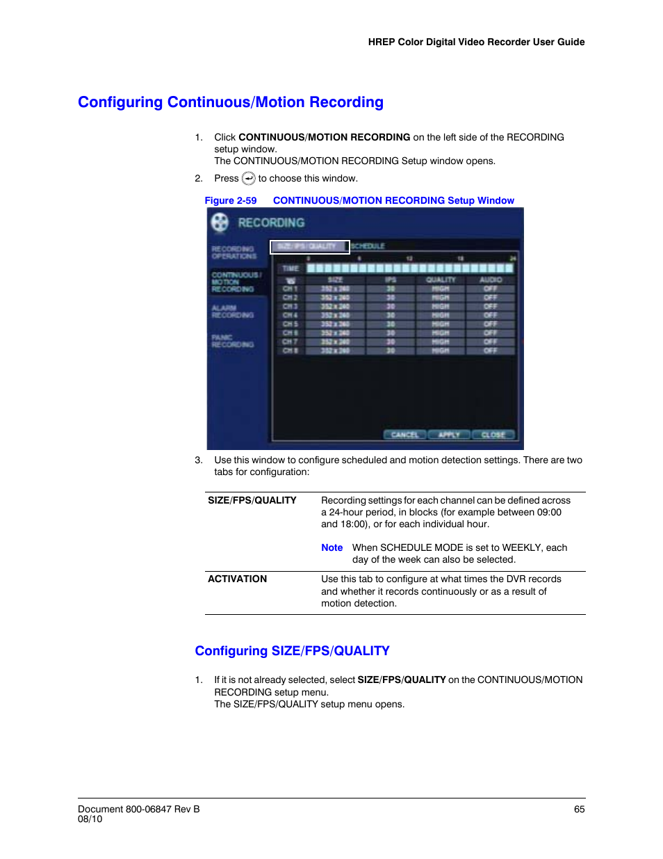 Configuring continuous/motion recording, Figure 2-59, Continuous/motion recording setup window | Configuring size/fps/quality | Honeywell HREP4 User Manual | Page 65 / 104