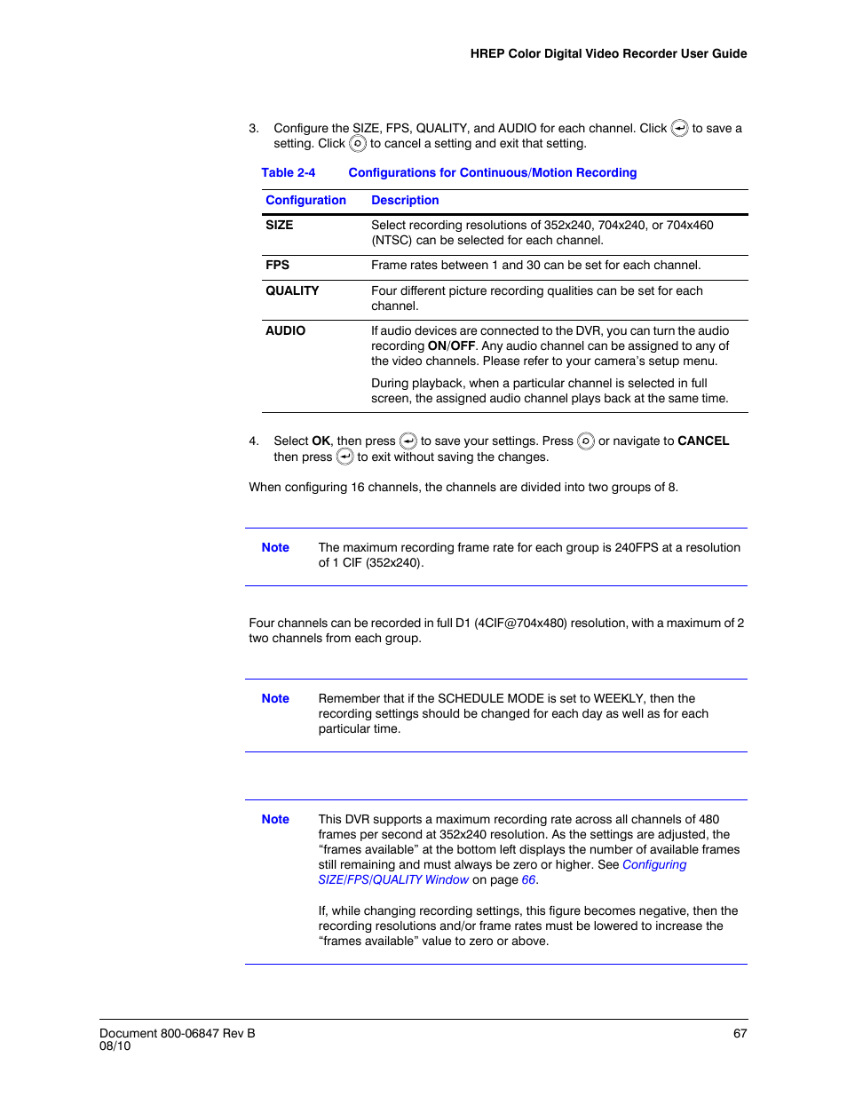 Table 2-4, Configurations for continuous/motion recording | Honeywell HREP4 User Manual | Page 67 / 104