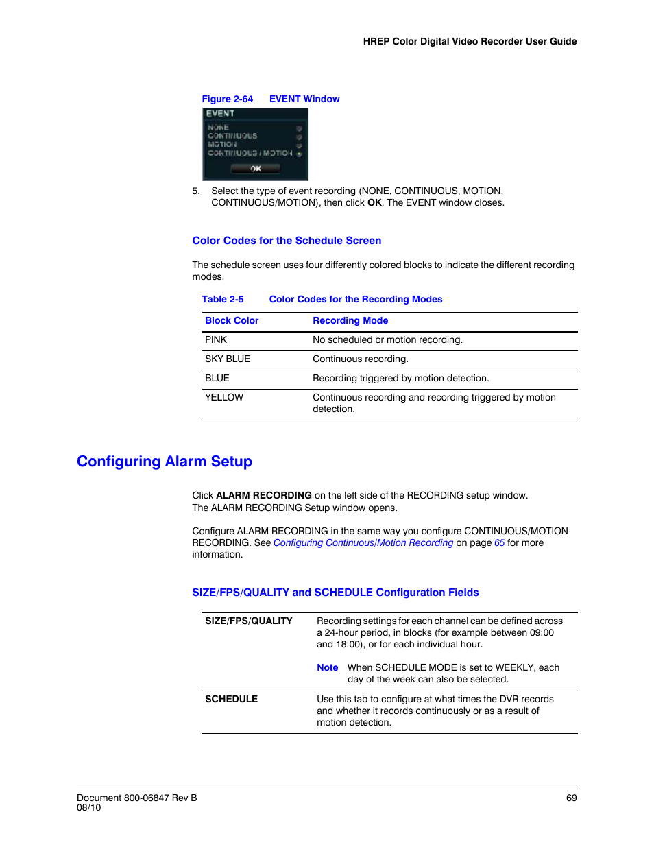 Configuring alarm setup, Figure 2-64, Event window | Table 2-5, Color codes for the recording modes | Honeywell HREP4 User Manual | Page 69 / 104
