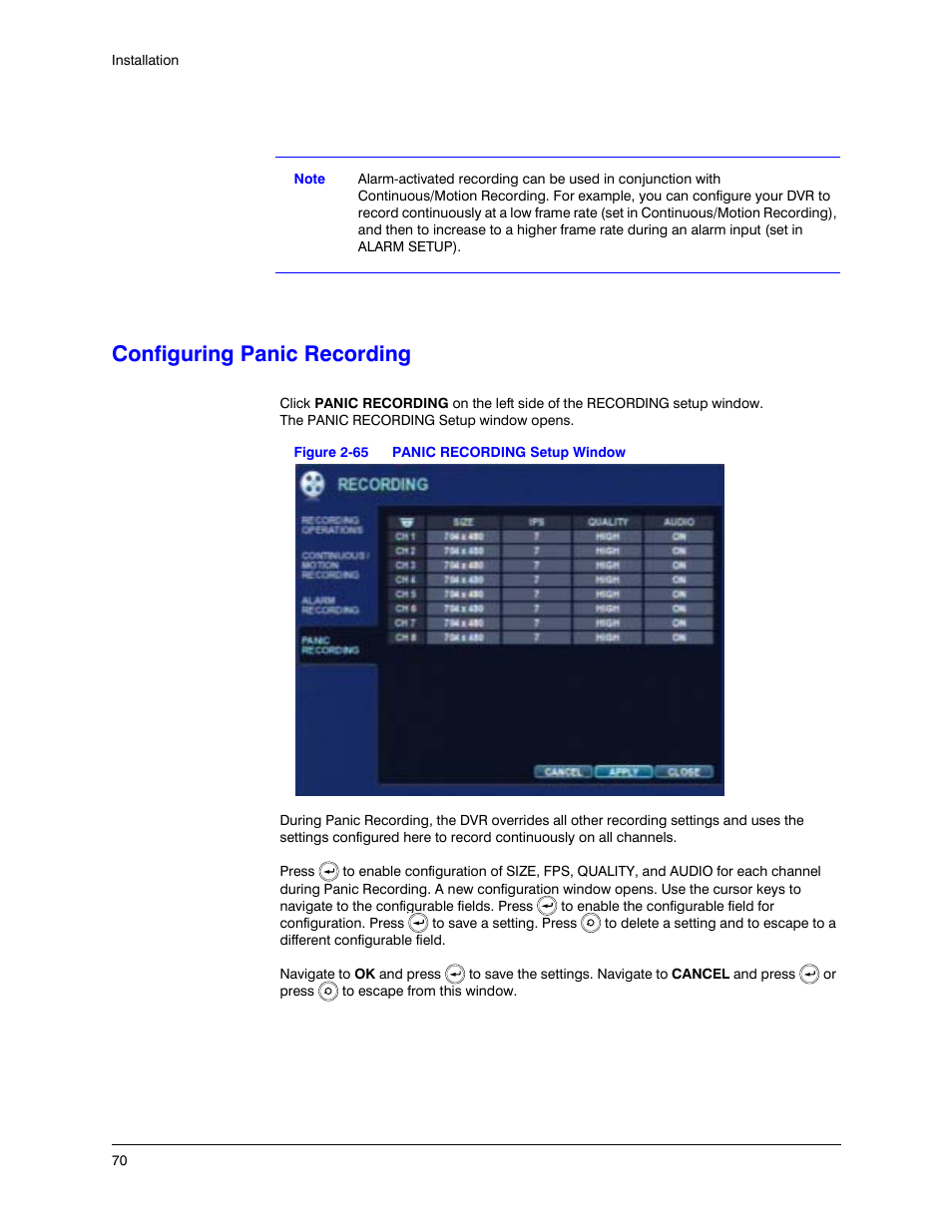 Configuring panic recording, Figure 2-65, Panic recording setup window | Honeywell HREP4 User Manual | Page 70 / 104