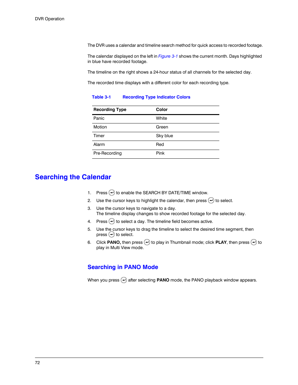 Searching the calendar, Table 3-1, Recording type indicator colors | Searching in pano mode | Honeywell HREP4 User Manual | Page 72 / 104