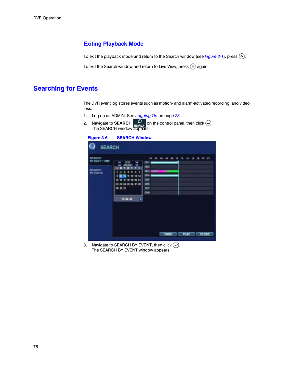 Searching for events, Figure 3-6, Search window | Exiting playback mode | Honeywell HREP4 User Manual | Page 76 / 104