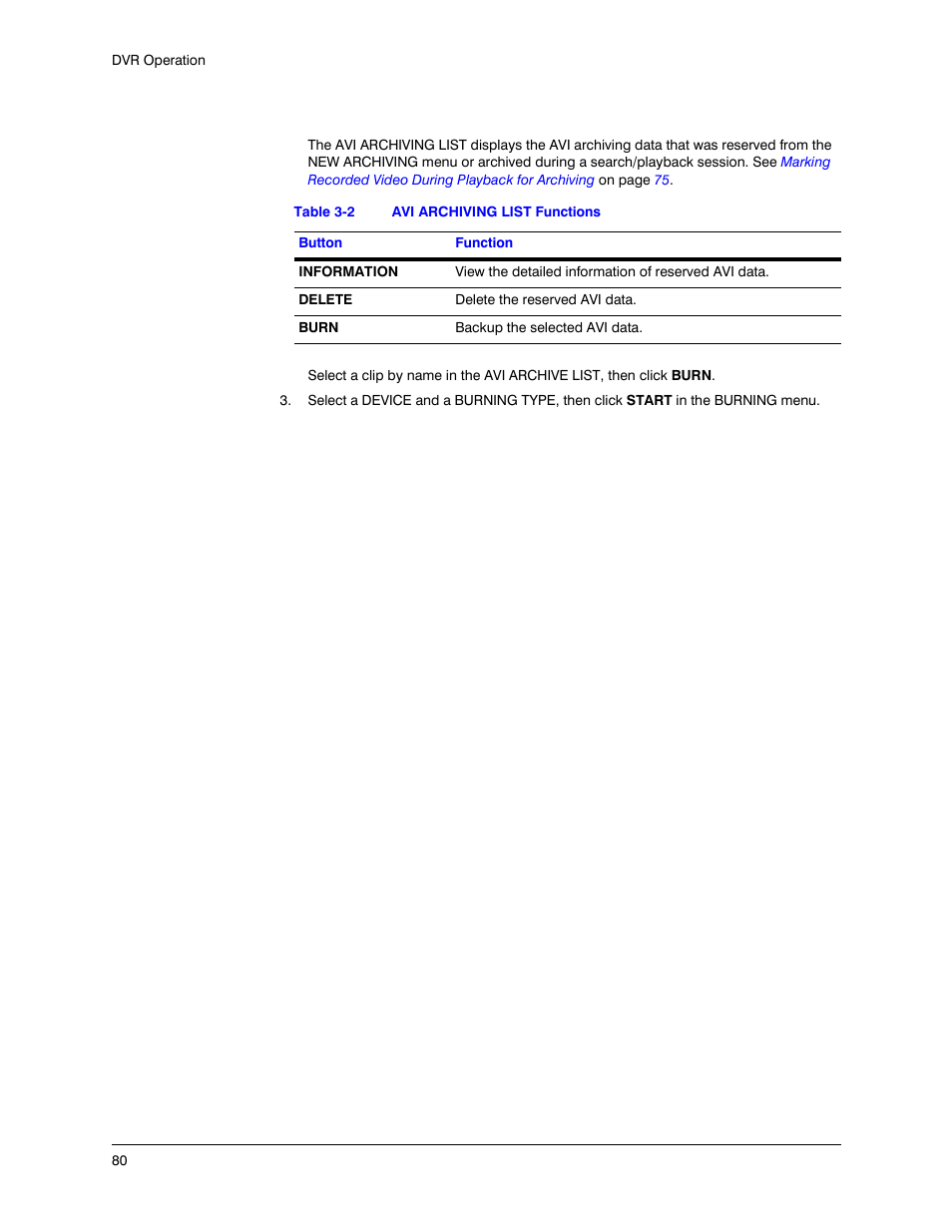 Table 3-2, Avi archiving list functions | Honeywell HREP4 User Manual | Page 80 / 104