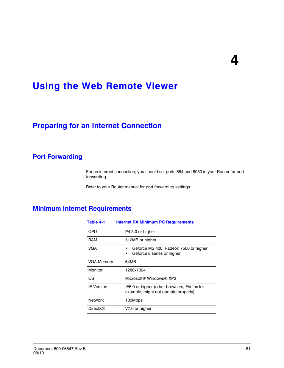 Using the web remote viewer 4, Preparing for an internet connection, Port forwarding | Minimum internet requirements, Using the web remote viewer, Port forwarding minimum internet requirements, Table 4-1, Internet ra minimum pc requirements | Honeywell HREP4 User Manual | Page 81 / 104