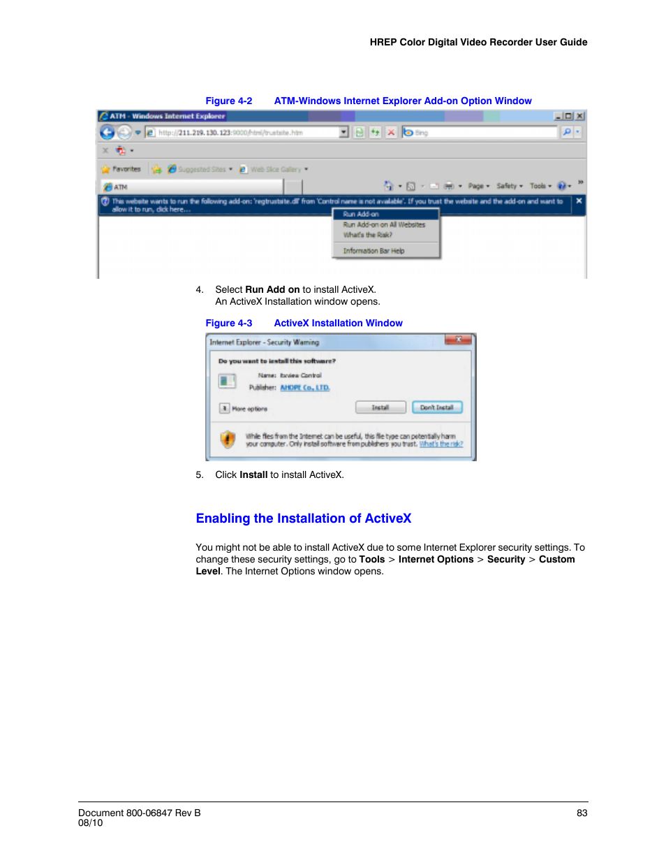 Figure 4-2, Atm-windows internet explorer add-on option window, Figure 4-3 | Activex installation window, Enabling the installation of activex | Honeywell HREP4 User Manual | Page 83 / 104