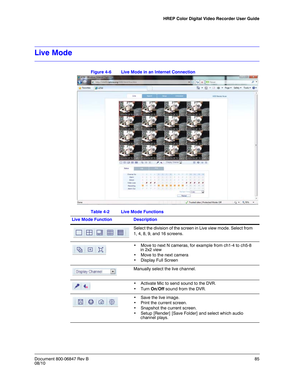 Live mode, Figure 4-6, Live mode in an internet connection | Table 4-2, Live mode functions | Honeywell HREP4 User Manual | Page 85 / 104