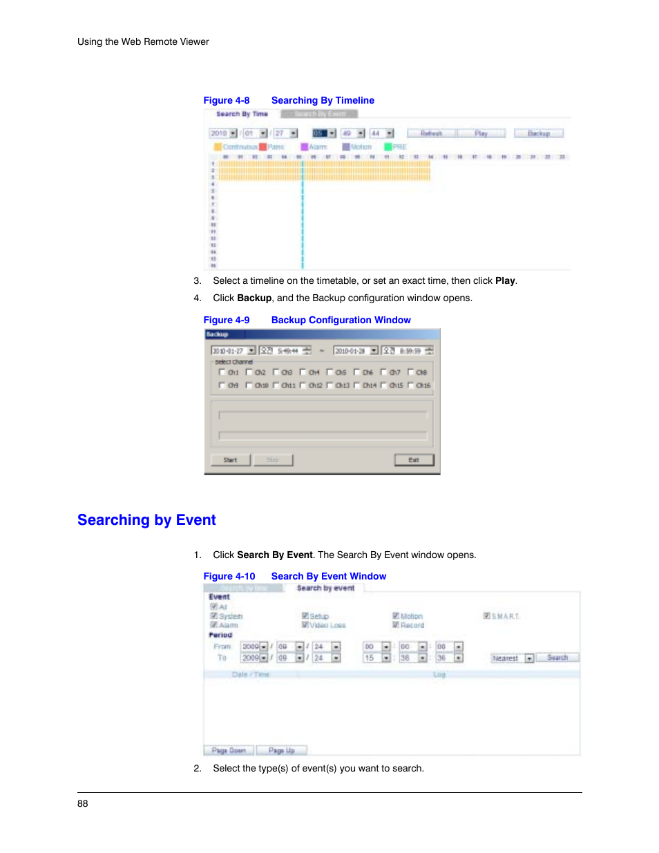 Searching by event, Figure 4-8, Searching by timeline | Figure 4-9, Backup configuration window, Figure 4-10, Search by event window | Honeywell HREP4 User Manual | Page 88 / 104