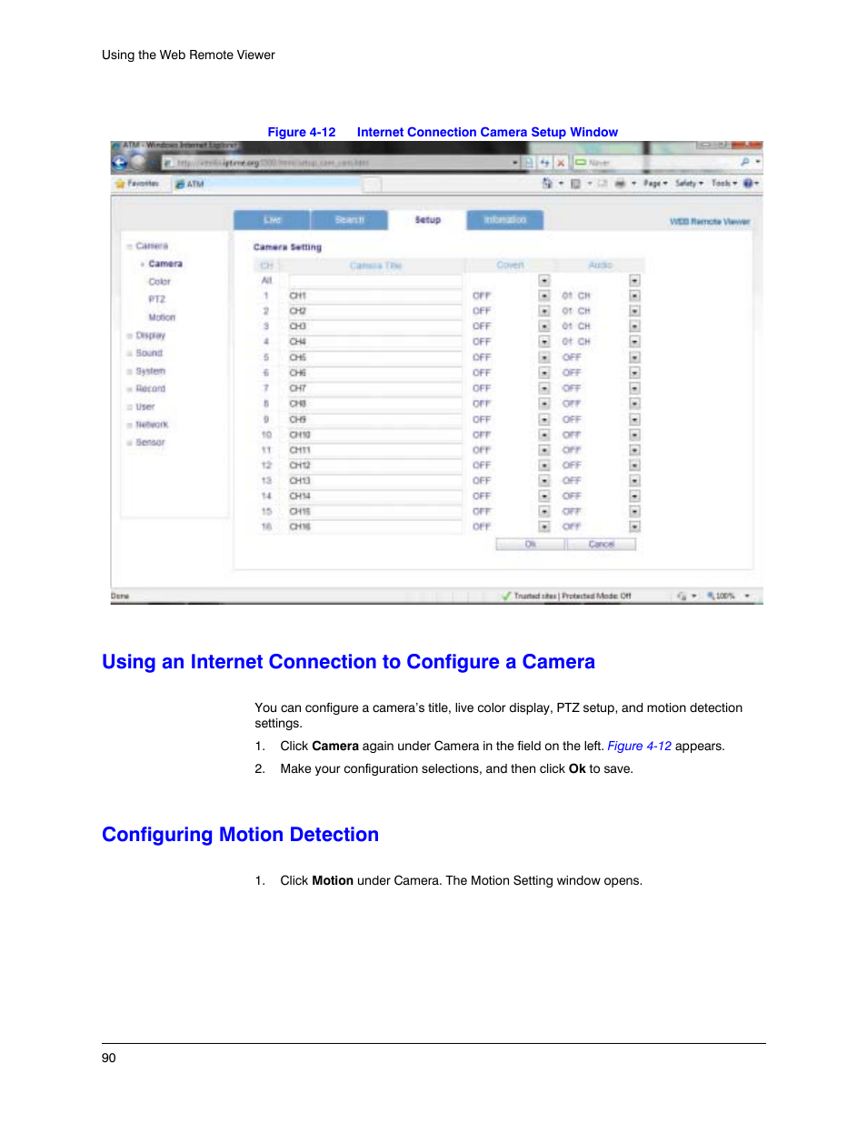 Using an internet connection to configure a camera, Configuring motion detection, Figure 4-12 | Internet connection camera setup window | Honeywell HREP4 User Manual | Page 90 / 104