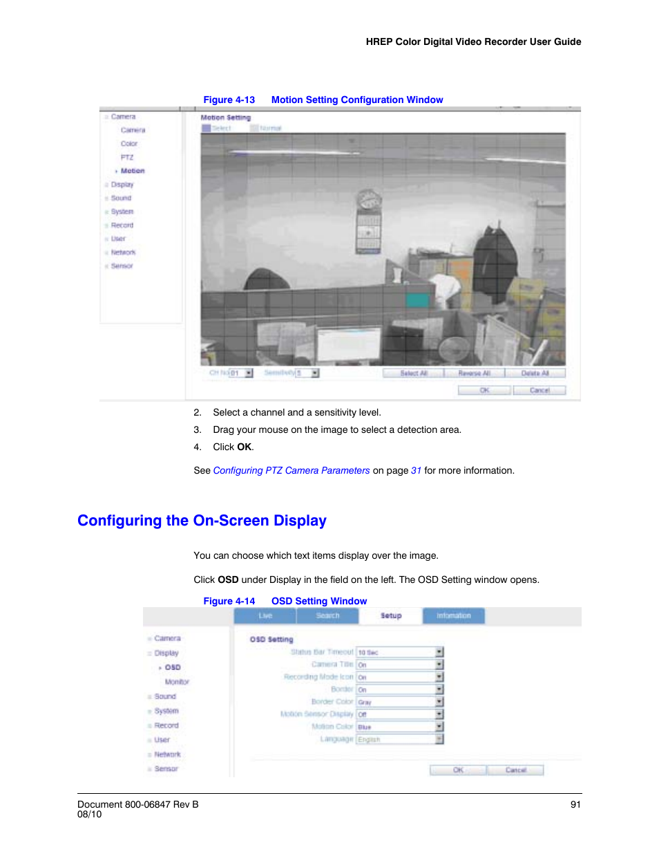 Configuring the on-screen display, Figure 4-13, Motion setting configuration window | Figure 4-14, Osd setting window | Honeywell HREP4 User Manual | Page 91 / 104