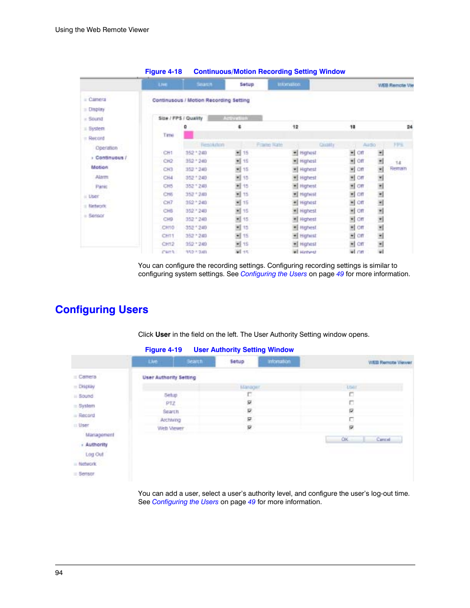 Configuring users, Figure 4-18, Continuous/motion recording setting window | Figure 4-19, User authority setting window | Honeywell HREP4 User Manual | Page 94 / 104