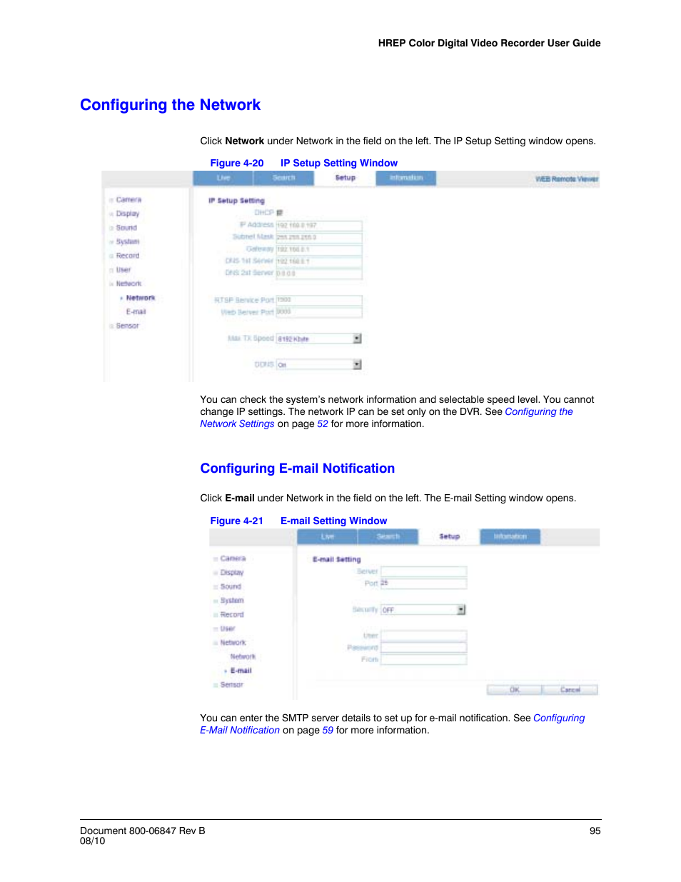 Configuring the network, Figure 4-20, Ip setup setting window | Figure 4-21, E-mail setting window, Configuring e-mail notification | Honeywell HREP4 User Manual | Page 95 / 104
