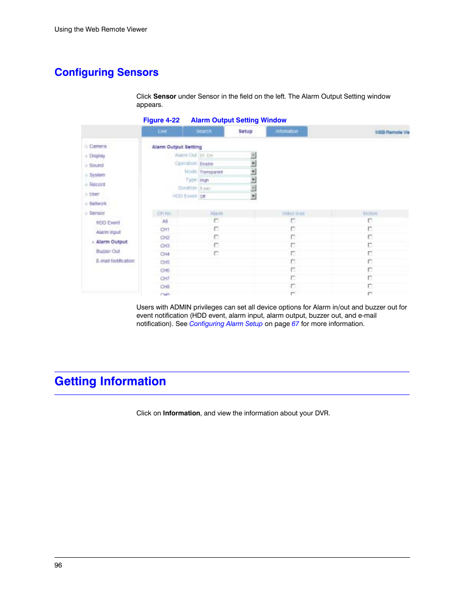 Configuring sensors, Getting information, Figure 4-22 | Alarm output setting window | Honeywell HREP4 User Manual | Page 96 / 104
