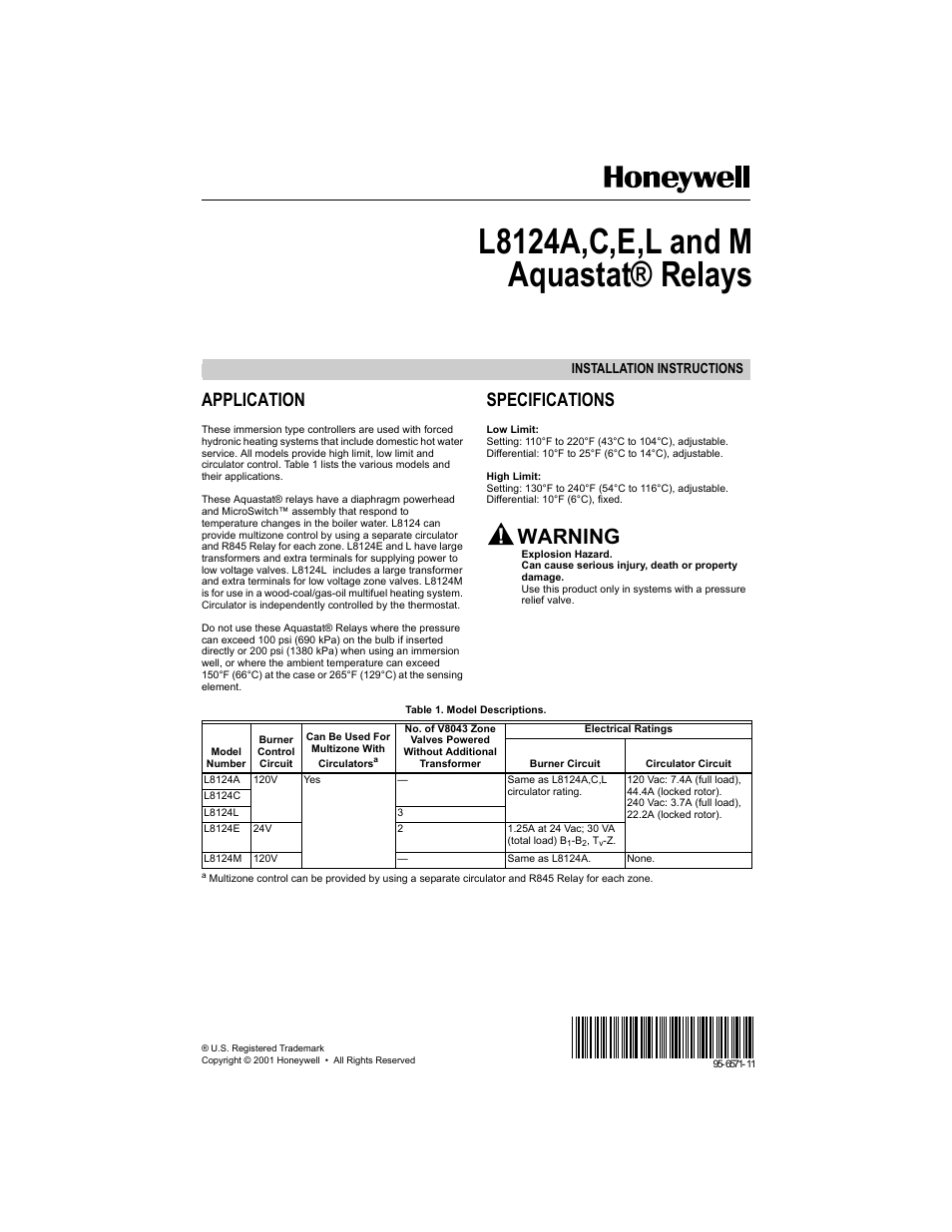 Honeywell AQUASTAT L8124E User Manual | 8 pages