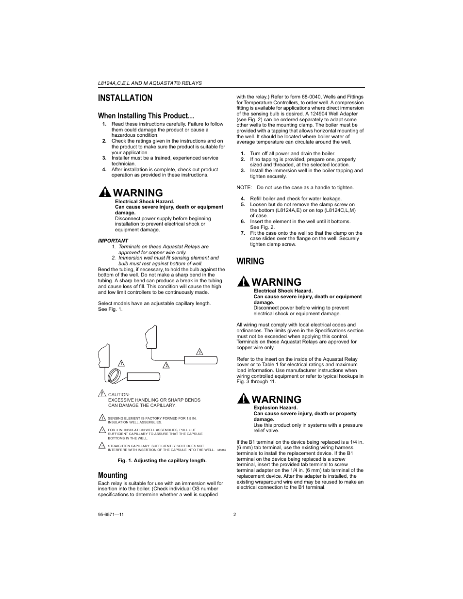 Installation, When installing this product, Mounting | Wiring, Warning | Honeywell AQUASTAT L8124E User Manual | Page 2 / 8