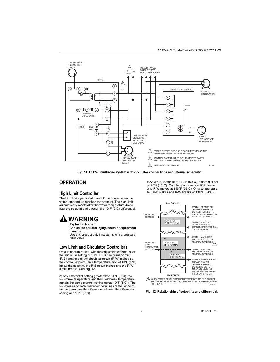 Operation, High limit controller, Low limit and circulator controllers | Warning | Honeywell AQUASTAT L8124E User Manual | Page 7 / 8