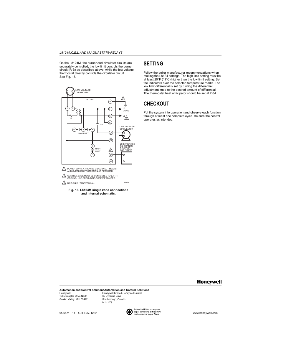 Setting, Checkout | Honeywell AQUASTAT L8124E User Manual | Page 8 / 8