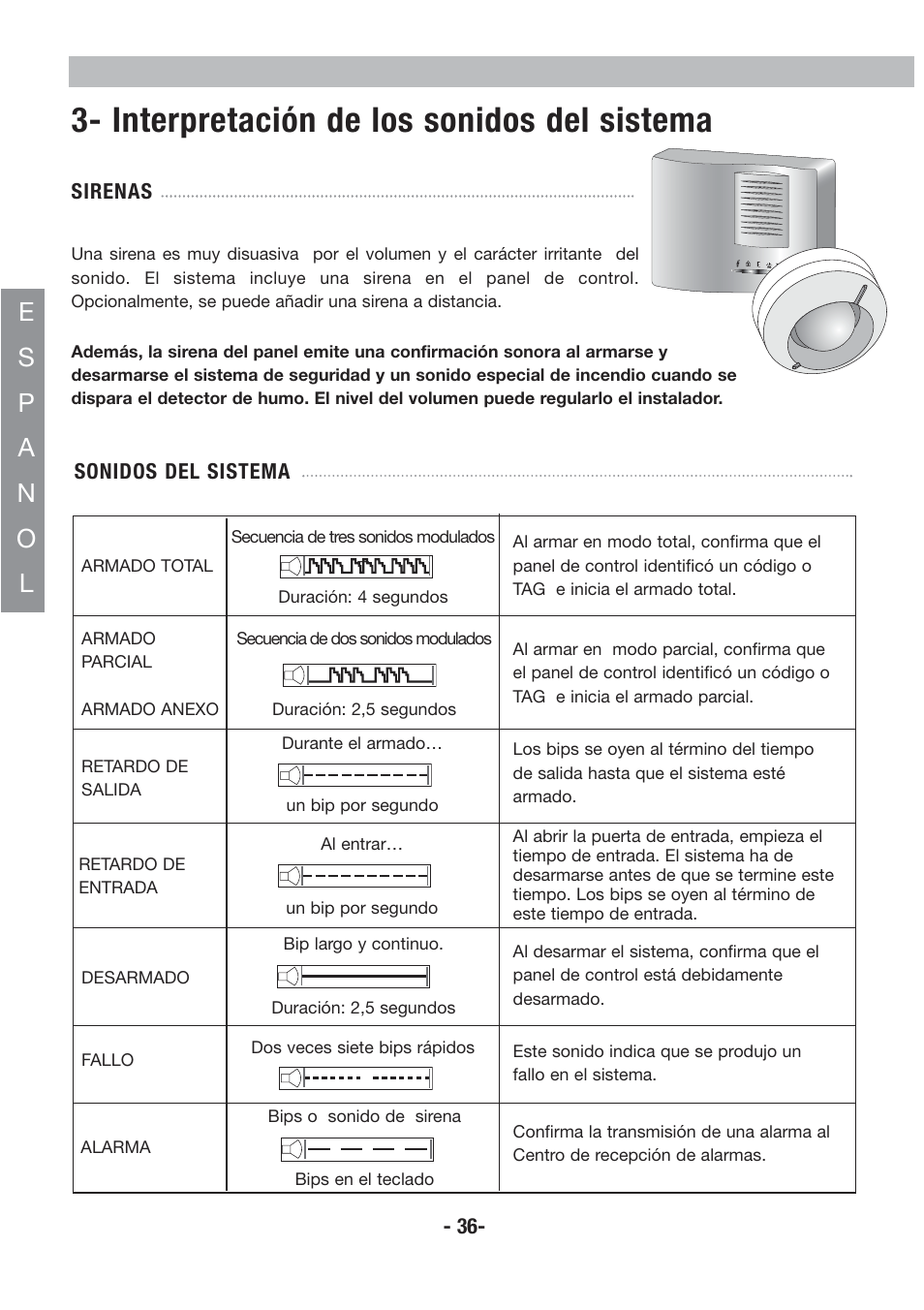 Interpretación de los sonidos del sistema | Honeywell EKZ008200B User Manual | Page 37 / 97