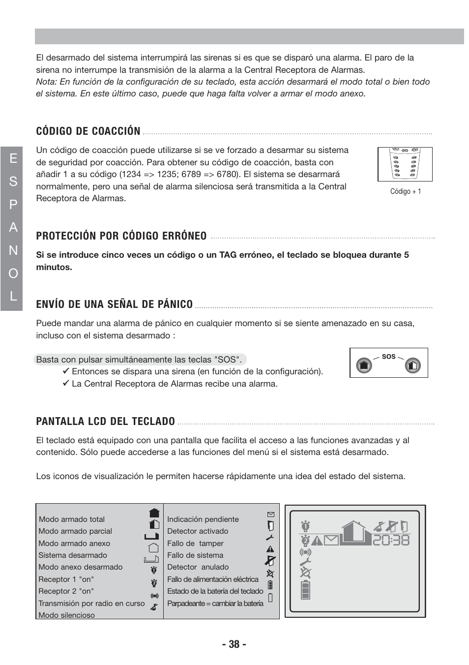 Código de coacción, Protección por código erróneo, Envío de una señal de pánico | Pantalla lcd del teclado | Honeywell EKZ008200B User Manual | Page 39 / 97