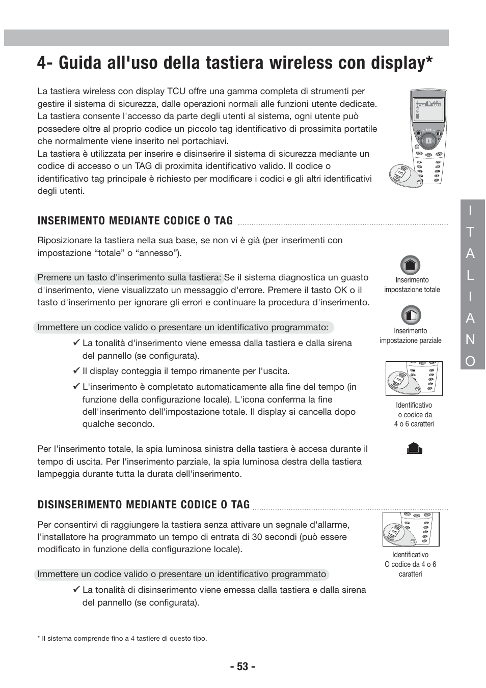 Guida all'uso della tastiera wireless con display | Honeywell EKZ008200B User Manual | Page 54 / 97