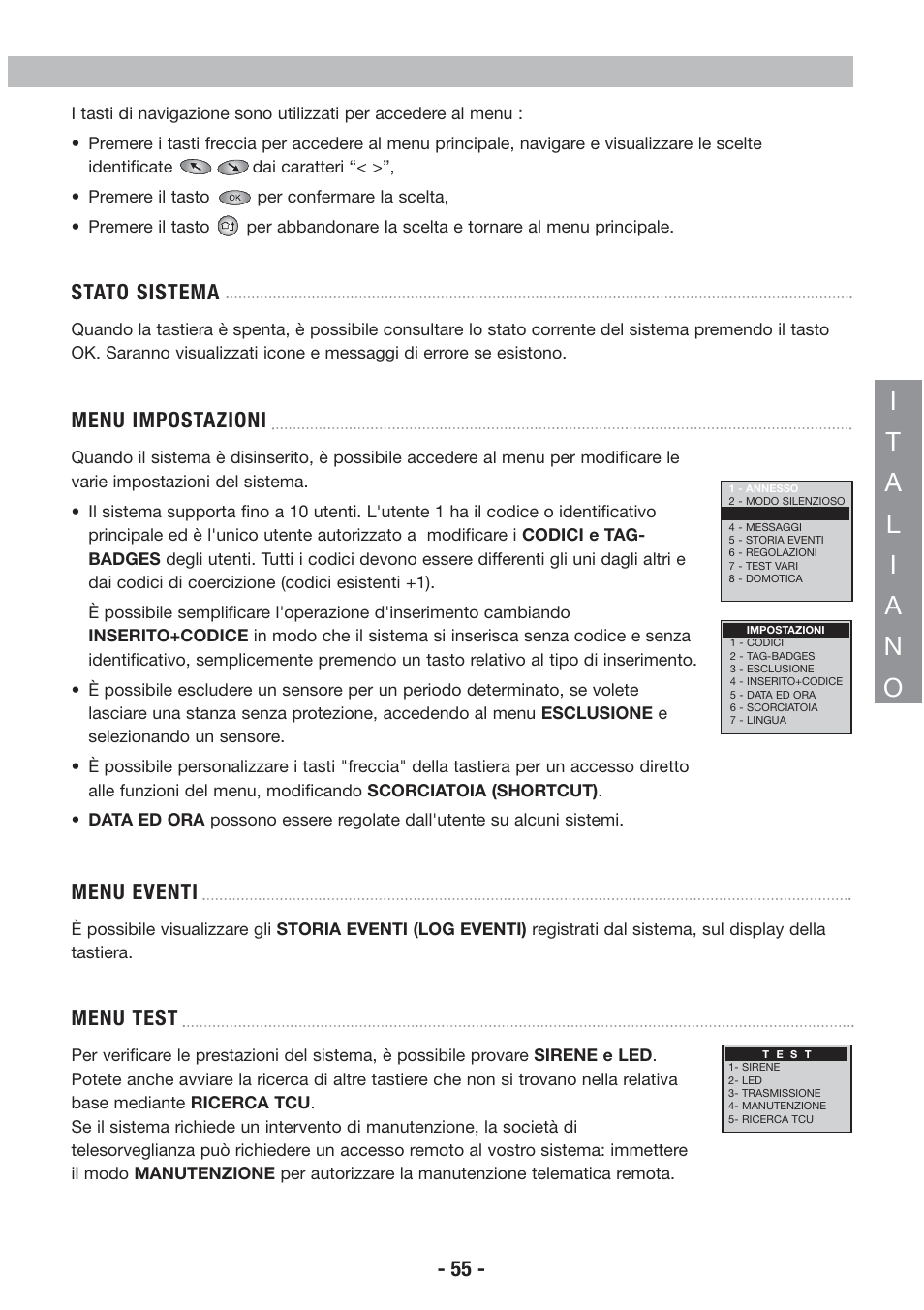 Stato sistema, Menu impostazioni, Menu eventi | Menu test | Honeywell EKZ008200B User Manual | Page 56 / 97