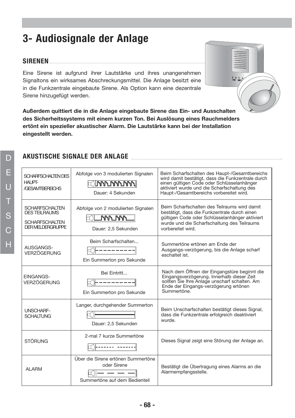 Audiosignale der anlage, Sirenen, Akustische signale der anlage - 68 | Honeywell EKZ008200B User Manual | Page 69 / 97