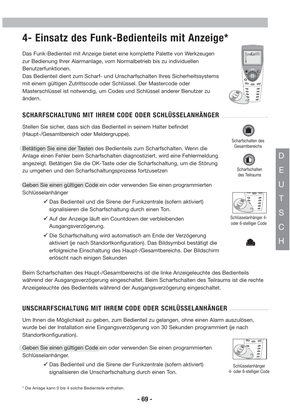 Einsatz des funk-bedienteils mit anzeige | Honeywell EKZ008200B User Manual | Page 70 / 97