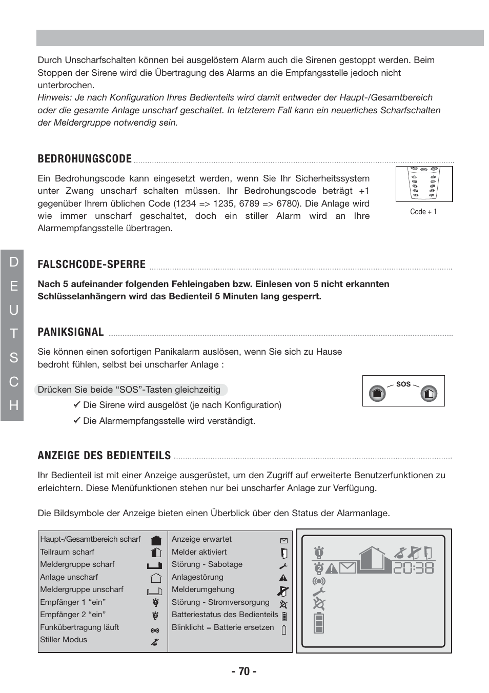 Bedrohungscode, Falschcode-sperre, Paniksignal | Anzeige des bedienteils | Honeywell EKZ008200B User Manual | Page 71 / 97