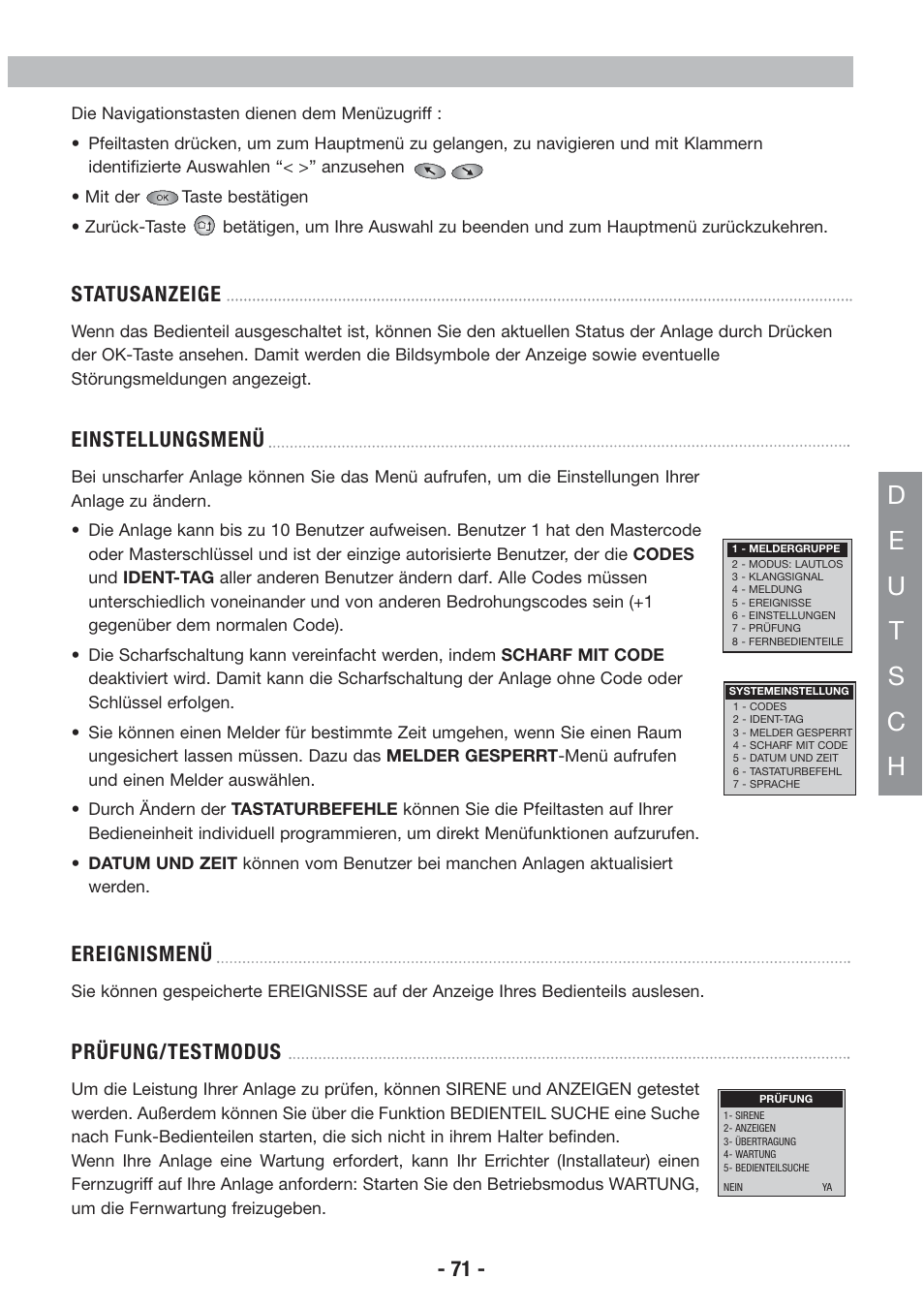 Statusanzeige, Einstellungsmenü, Ereignismenü | Prüfung/testmodus | Honeywell EKZ008200B User Manual | Page 72 / 97