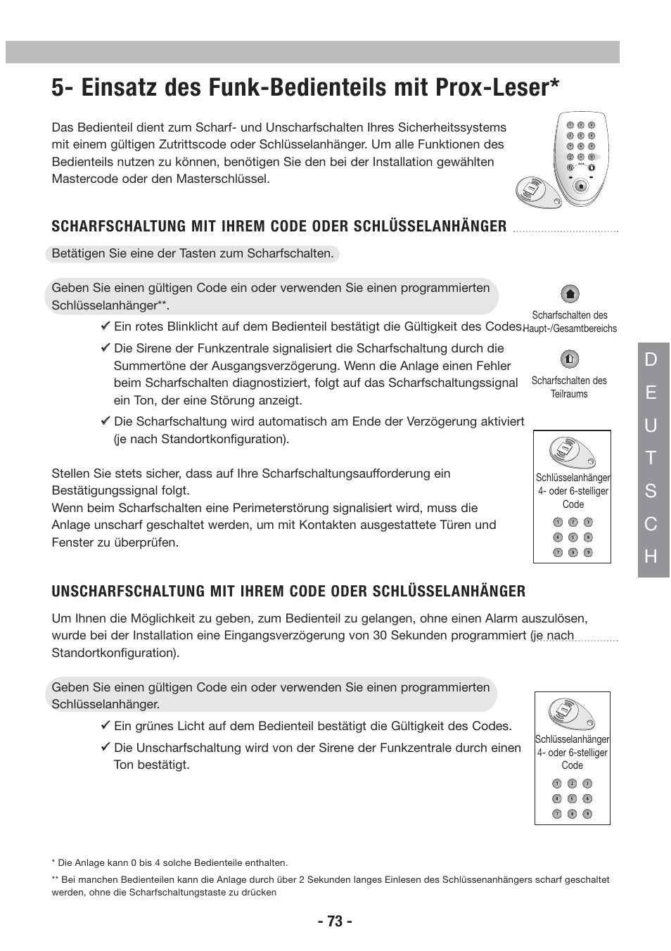 Einsatz des funk-bedienteils mit prox-leser | Honeywell EKZ008200B User Manual | Page 74 / 97