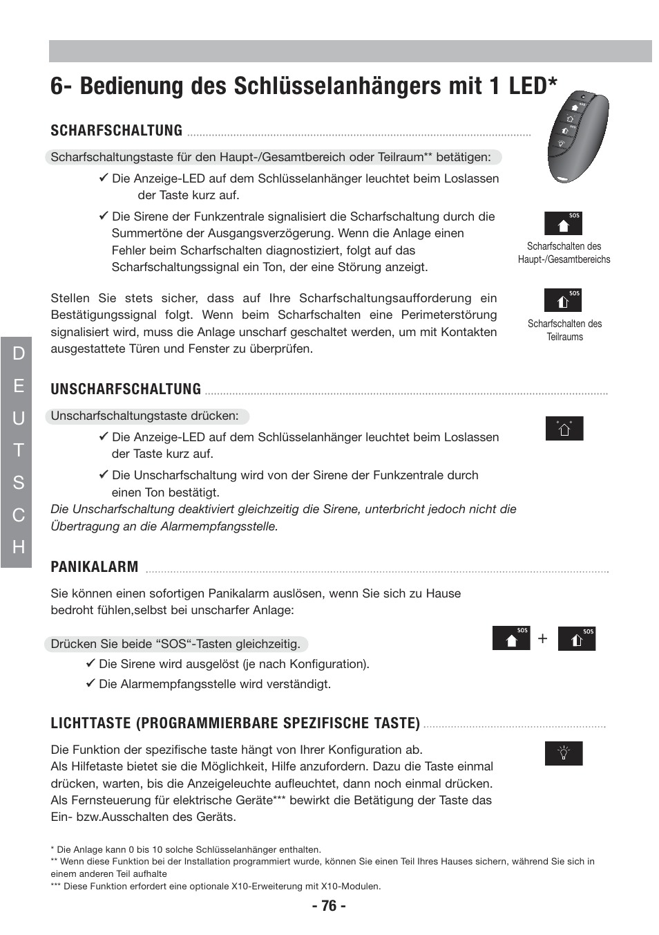 Bedienung des schlüsselanhängers mit 1 led | Honeywell EKZ008200B User Manual | Page 77 / 97