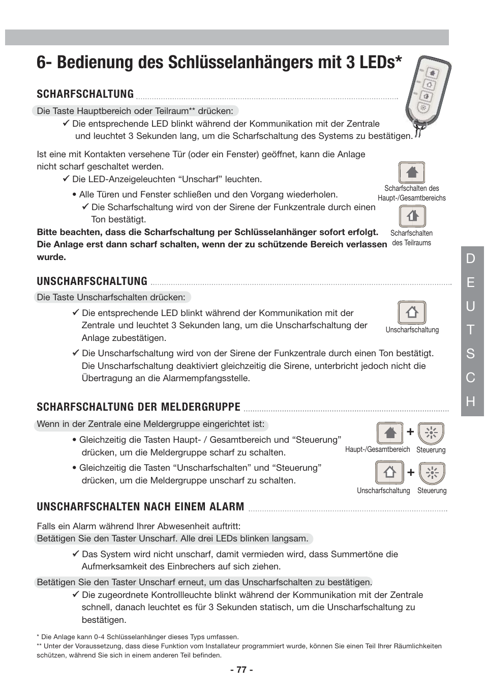 Bedienung des schlüsselanhängers mit 3 leds | Honeywell EKZ008200B User Manual | Page 78 / 97