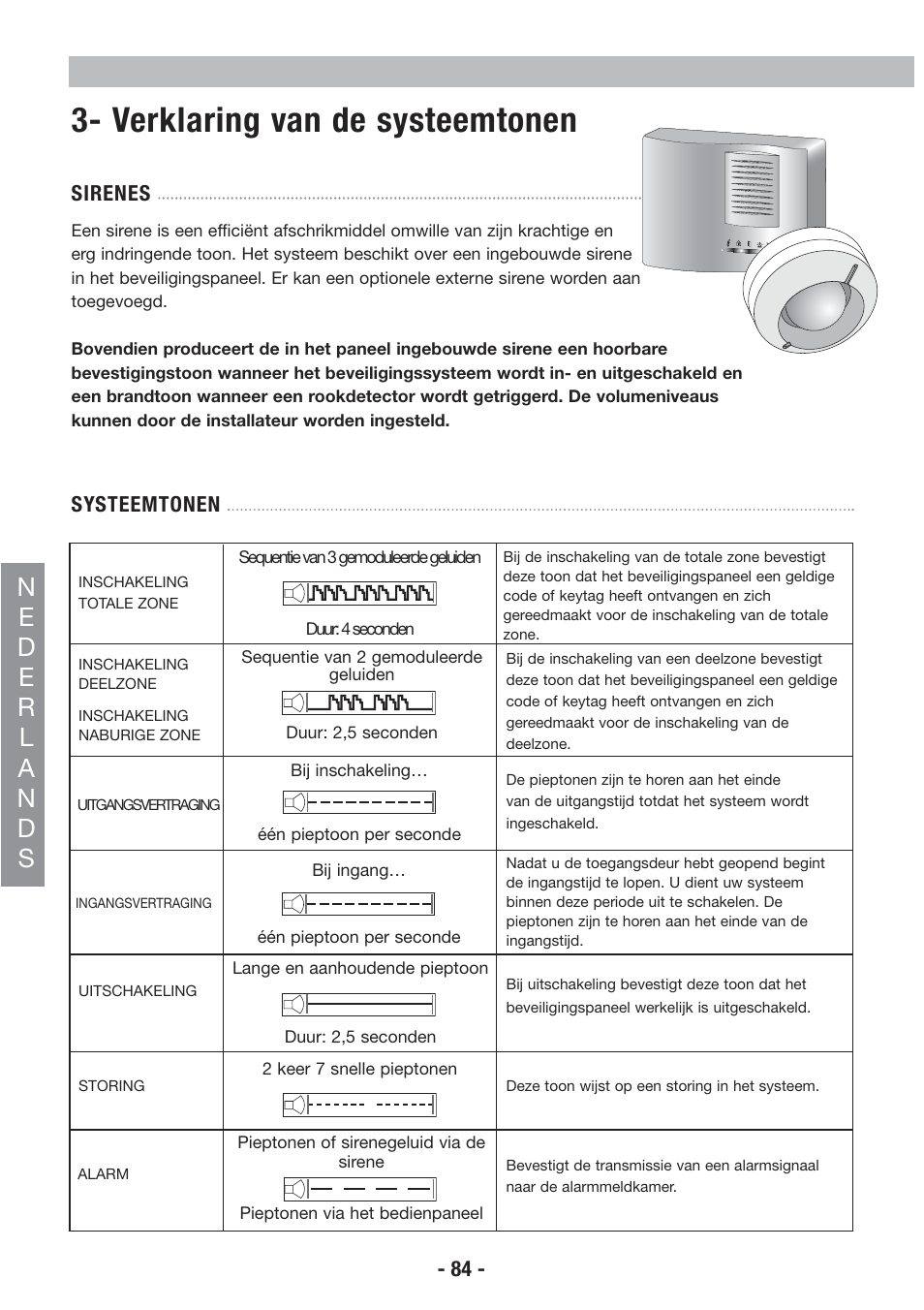 Verklaring van de systeemtonen | Honeywell EKZ008200B User Manual | Page 85 / 97