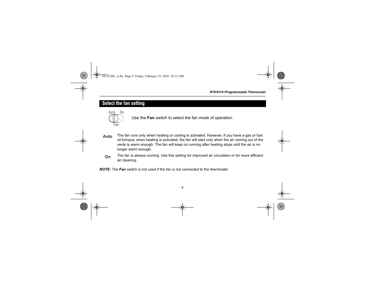 Select the fan setting | Honeywell RTH2310 User Manual | Page 11 / 44