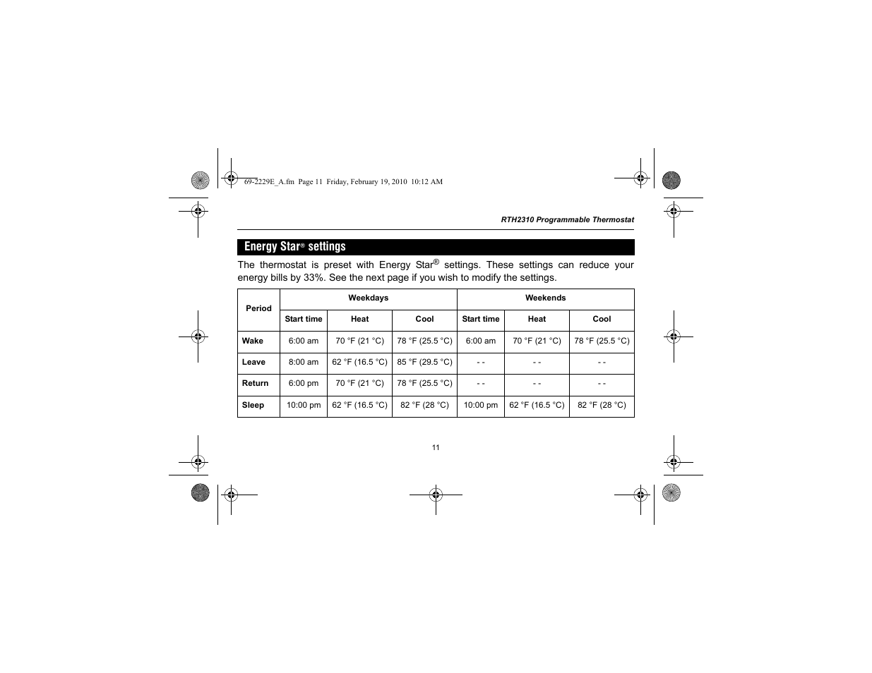 Energy star, Settings | Honeywell RTH2310 User Manual | Page 13 / 44