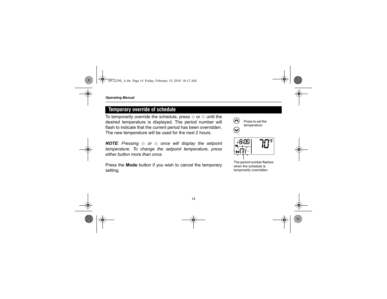 Temporary override of schedule | Honeywell RTH2310 User Manual | Page 16 / 44