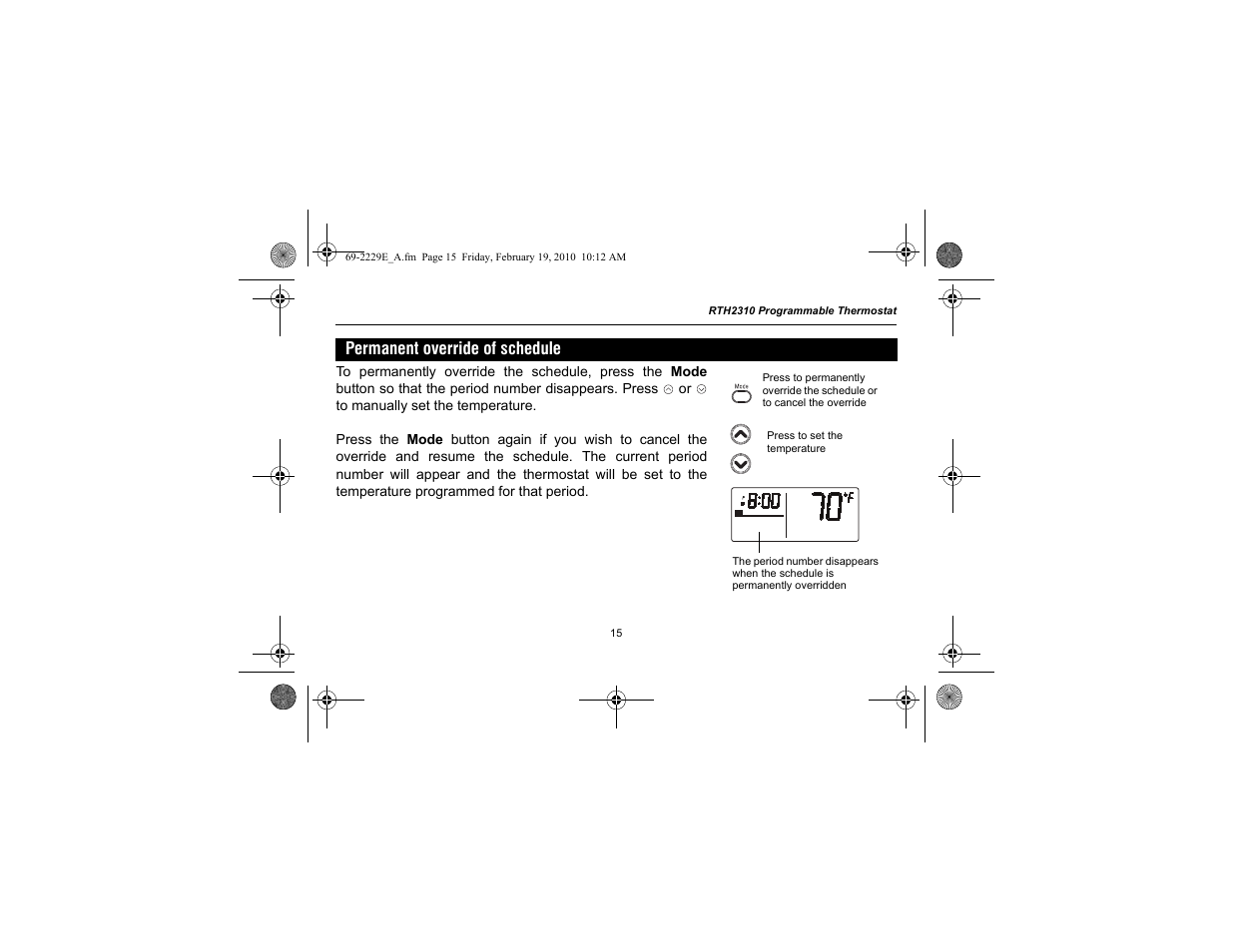 Permanent override of schedule | Honeywell RTH2310 User Manual | Page 17 / 44