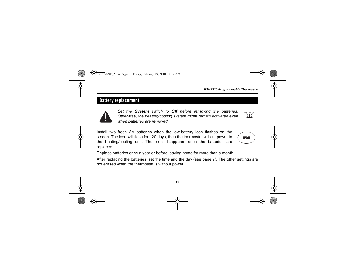 Battery replacement | Honeywell RTH2310 User Manual | Page 19 / 44